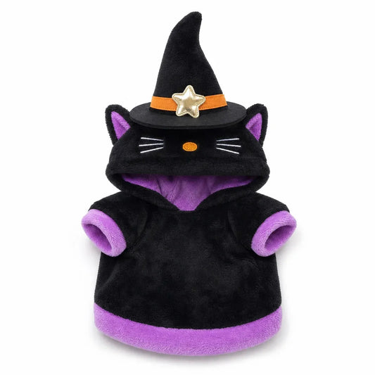 Black plush witch cat hooded dog costume with purple trim, upright witch hat, and gold star shown on white background