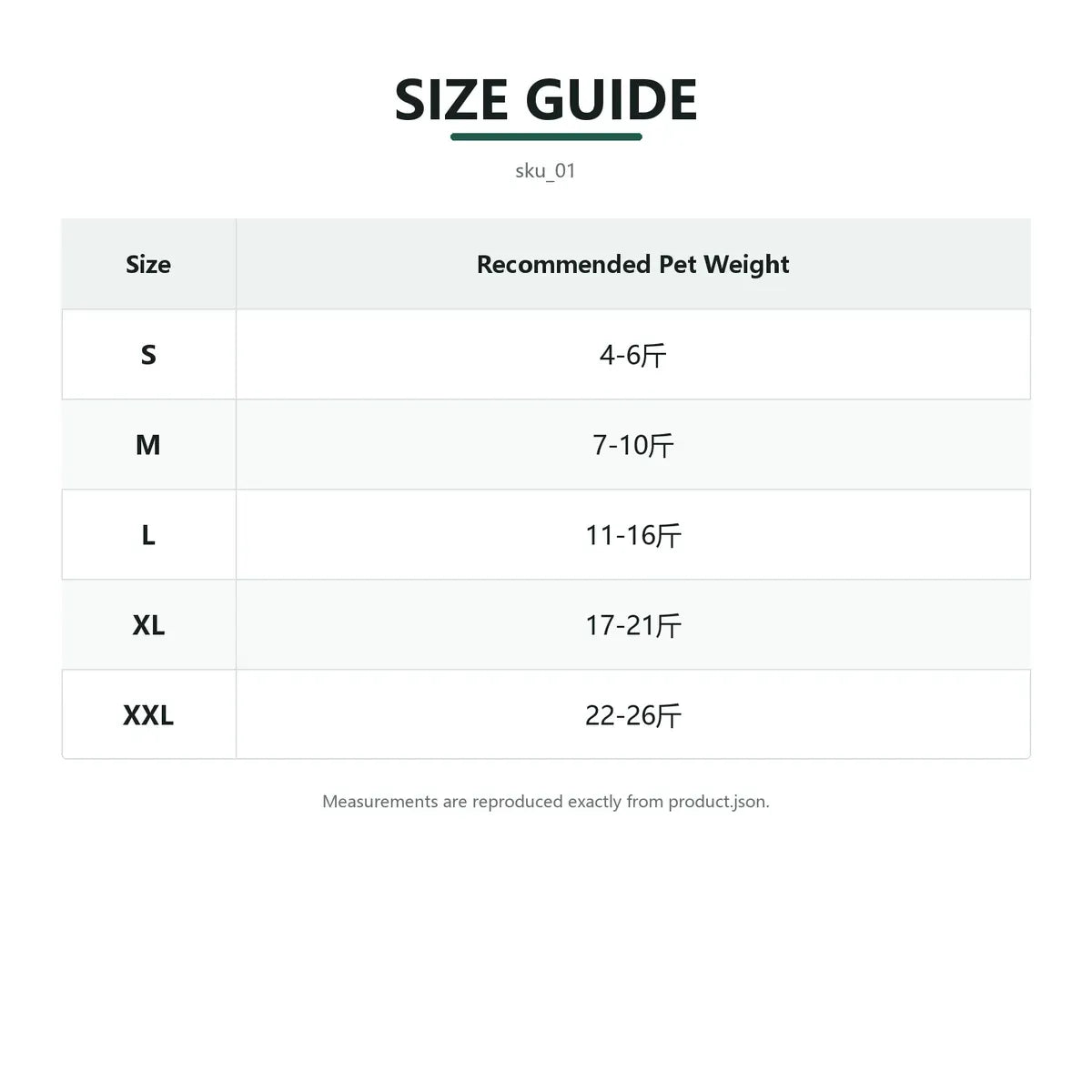Size guide for Green Color-Block Dog Hoodie with fit measurements