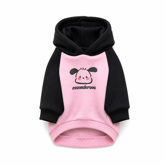 Black and Pink black and pink hooded dog sweatshirt shown alone on a white background