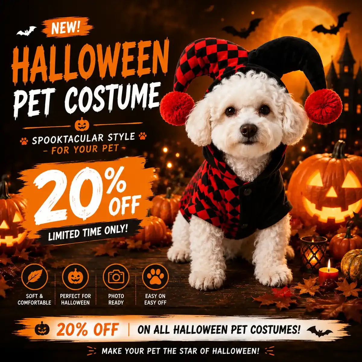 Small white dog wearing a black and red jester costume in a Halloween promotional scene