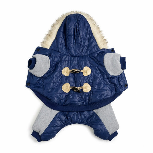 Blue blue four-leg padded dog coat shown alone on a white background