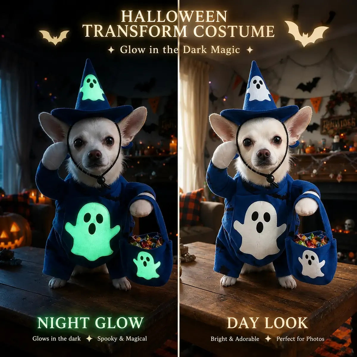 Blue ghost dog costume set shown in daytime and nighttime views