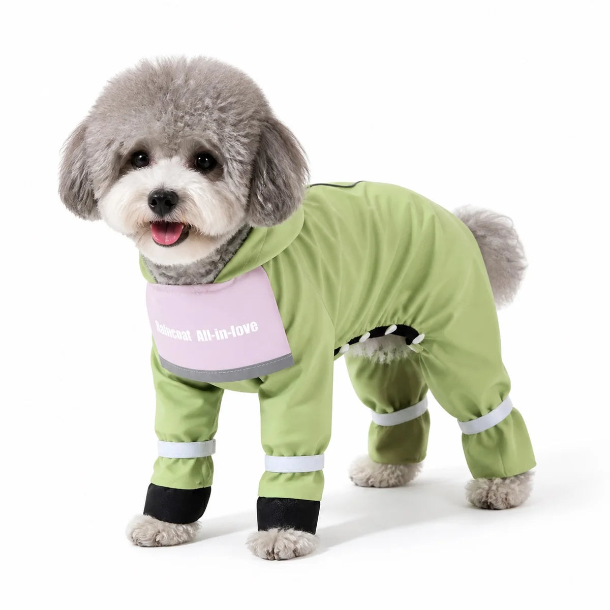 Olive Green footed rain suit character full-coverage dog rain suit worn by a pet on a white background, image 23
