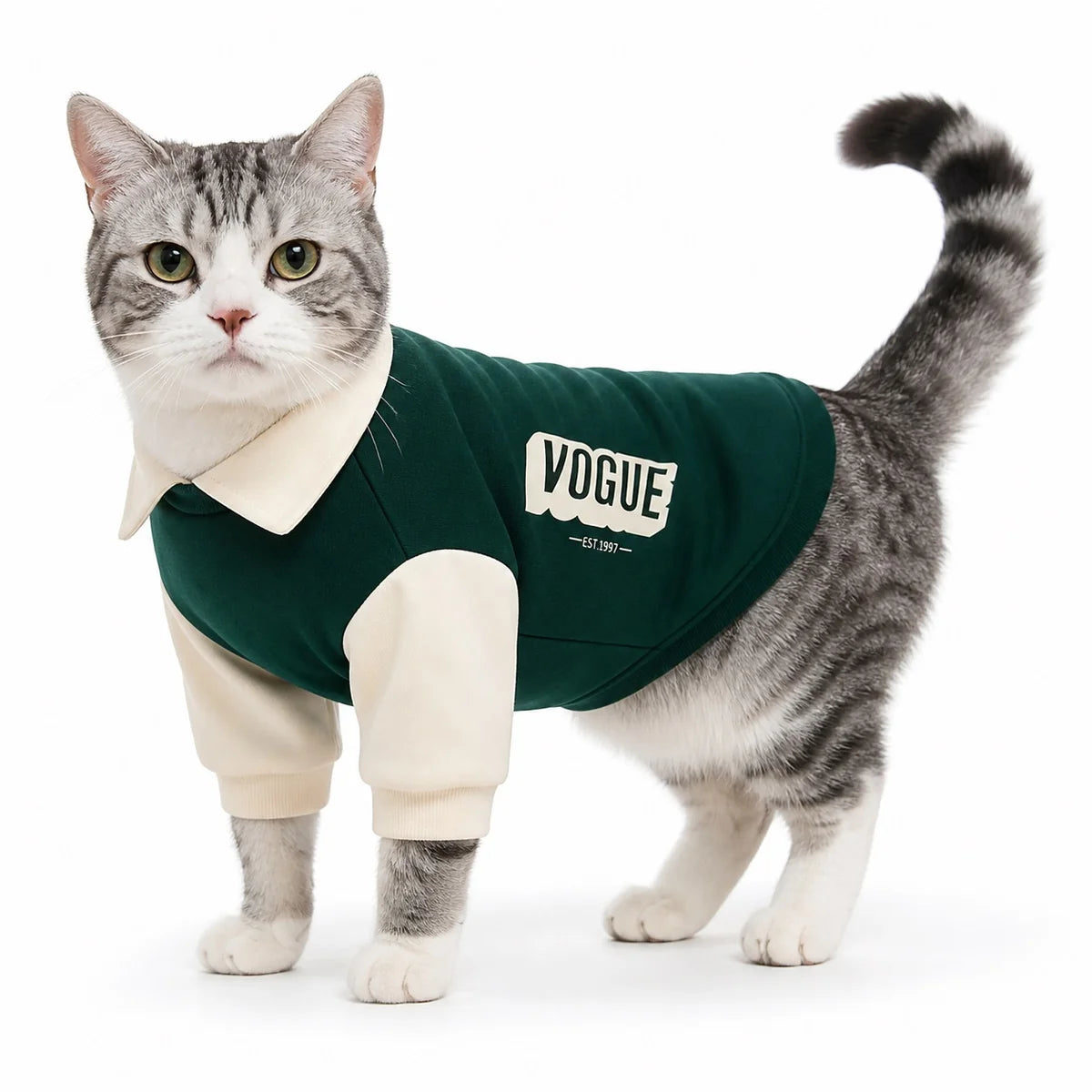 Dark Green colorblock polo cat sweatshirt worn by a pet on a white background, image 4