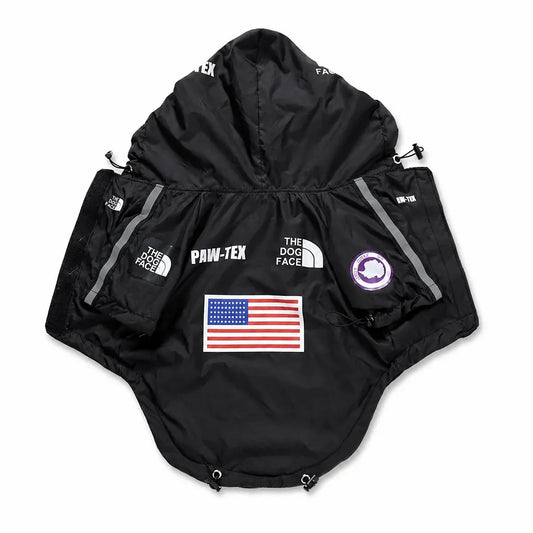 Black flag print large dog rain jacket shown alone on a white background
