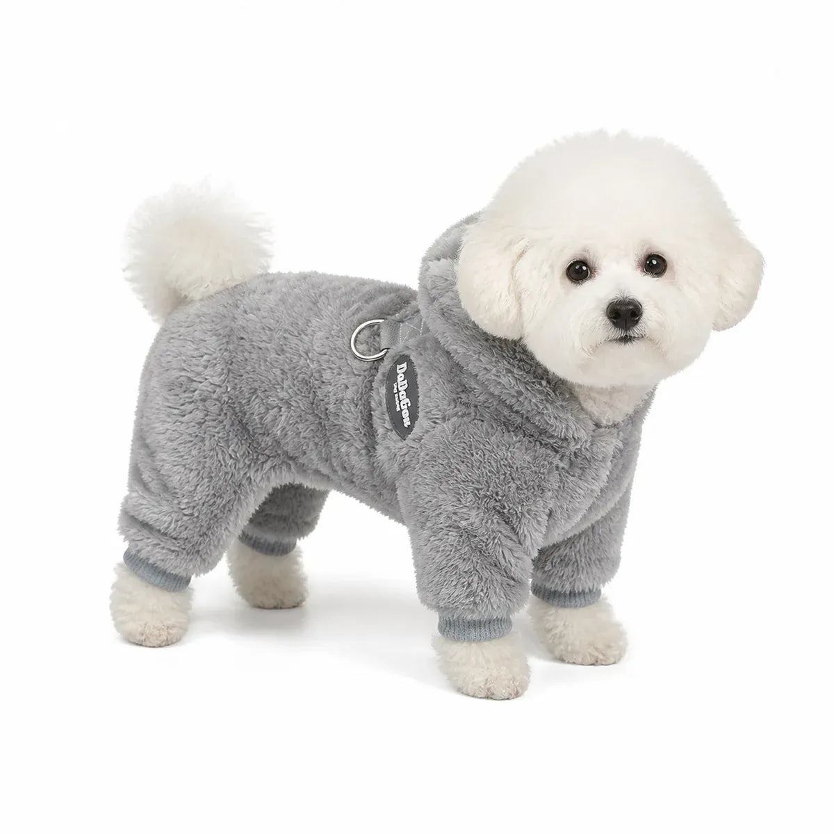 dog wearing a Gray fleece four-leg dog suit with leash ring