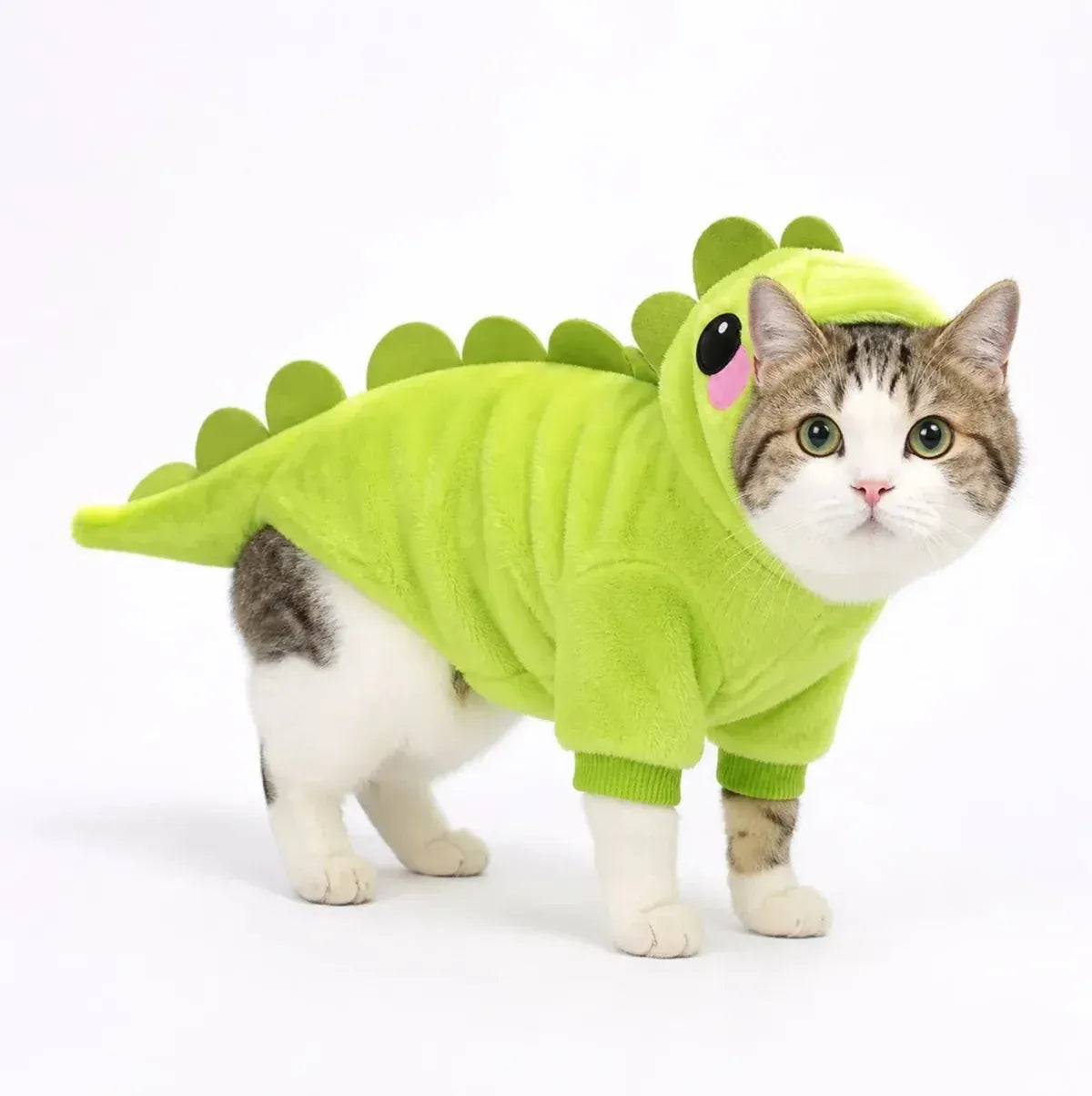 Lime Green dinosaur fleece pet costume worn by a cat on a white background