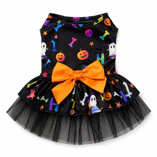 Black Halloween pet dress with layered tulle skirt and colorful festive print