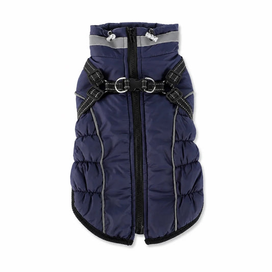Navy padded dog coat with harness straps shown alone on a white background
