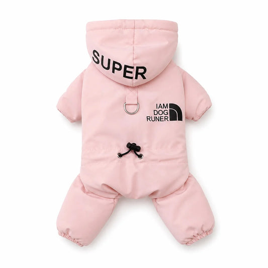 Pink padded four-leg dog coat shown alone on a white background