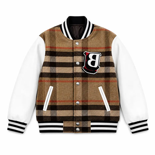 Tan Plaid Varsity padded plaid varsity dog jacket shown alone on a white background