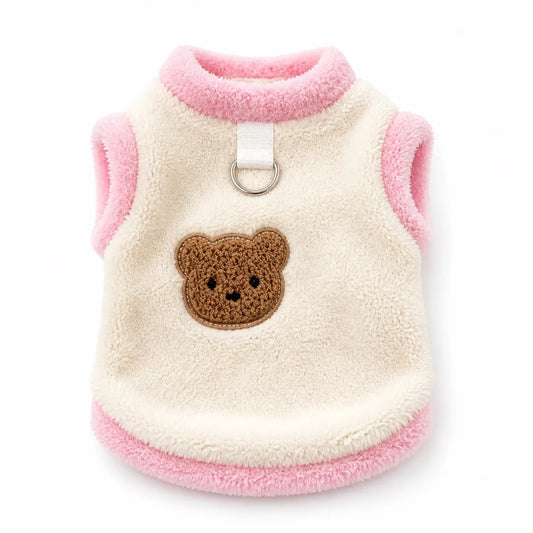Pink Trim plush bear pet vest shown alone on a white background