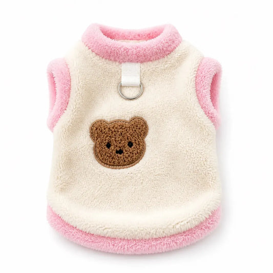 Pink Trim plush bear pet vest shown alone on a white background
