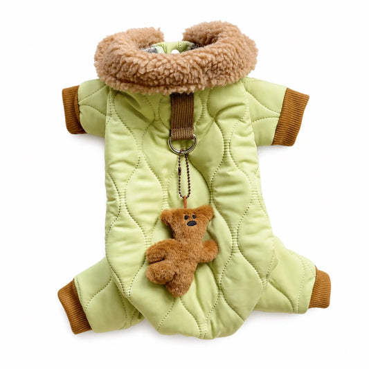 Light Green quilted four-leg dog coat with plush collar shown alone on a white background