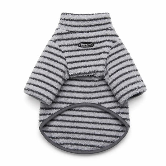 White striped fleece dog sweater shown alone on a white background