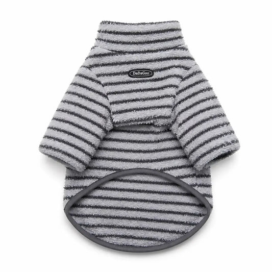 White striped fleece dog sweater shown alone on a white background