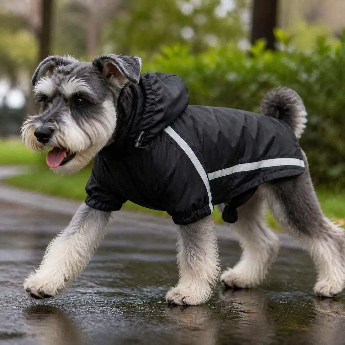 Reflective Outdoor Dog Rain Jacket worn by a dog during an everyday outing