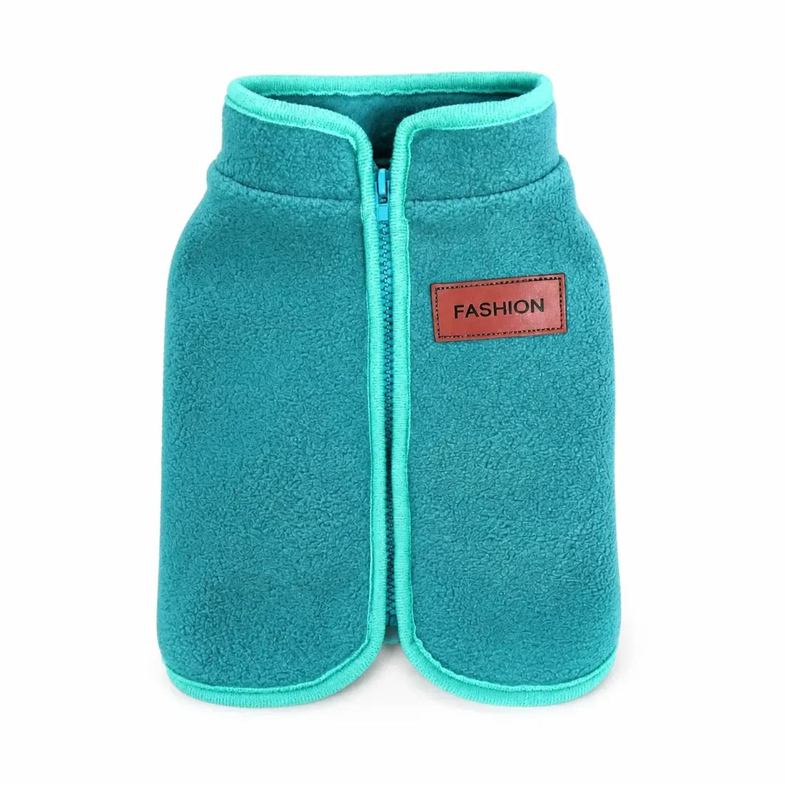 Teal fleece zip-up dog vest shown alone on a white background