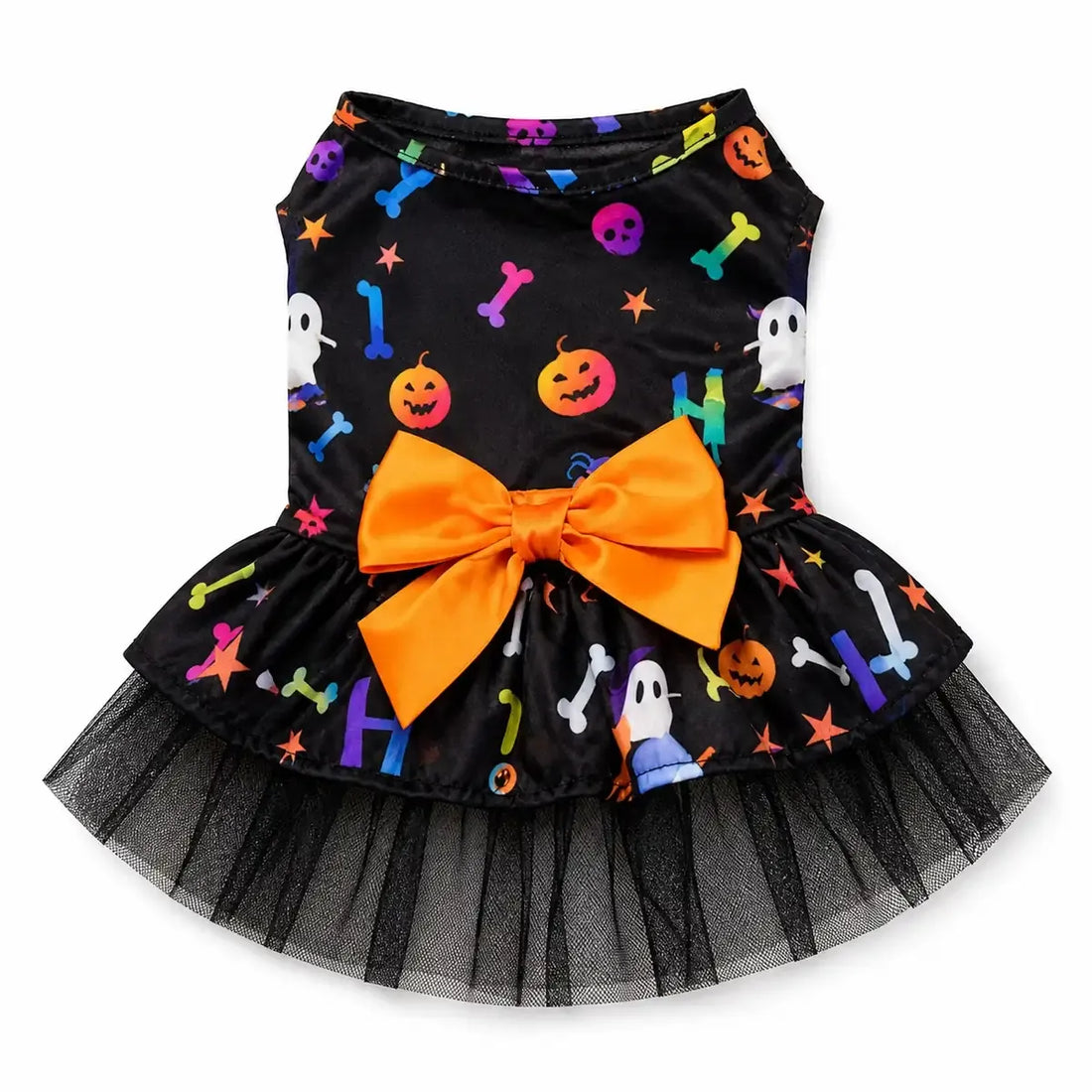 Black Halloween pet dress with orange bow and tulle skirt on white