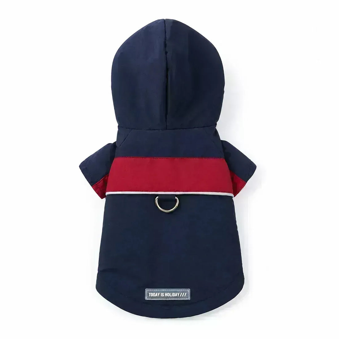 Navy hooded waterproof dog coat shown alone on a white background