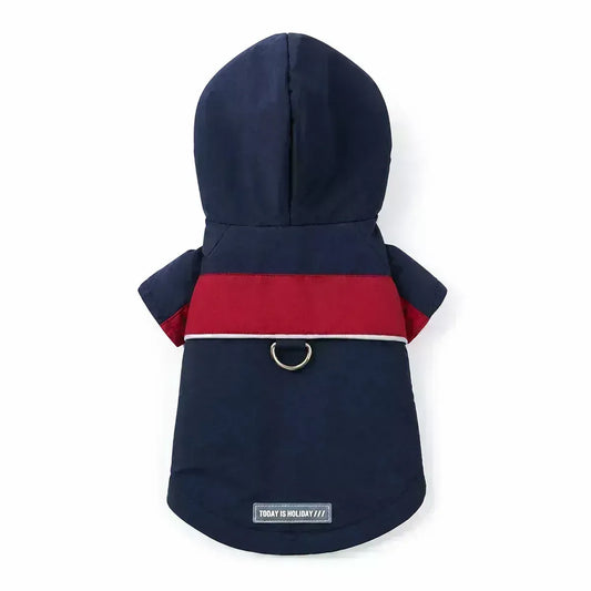Navy hooded waterproof dog coat shown alone on a white background