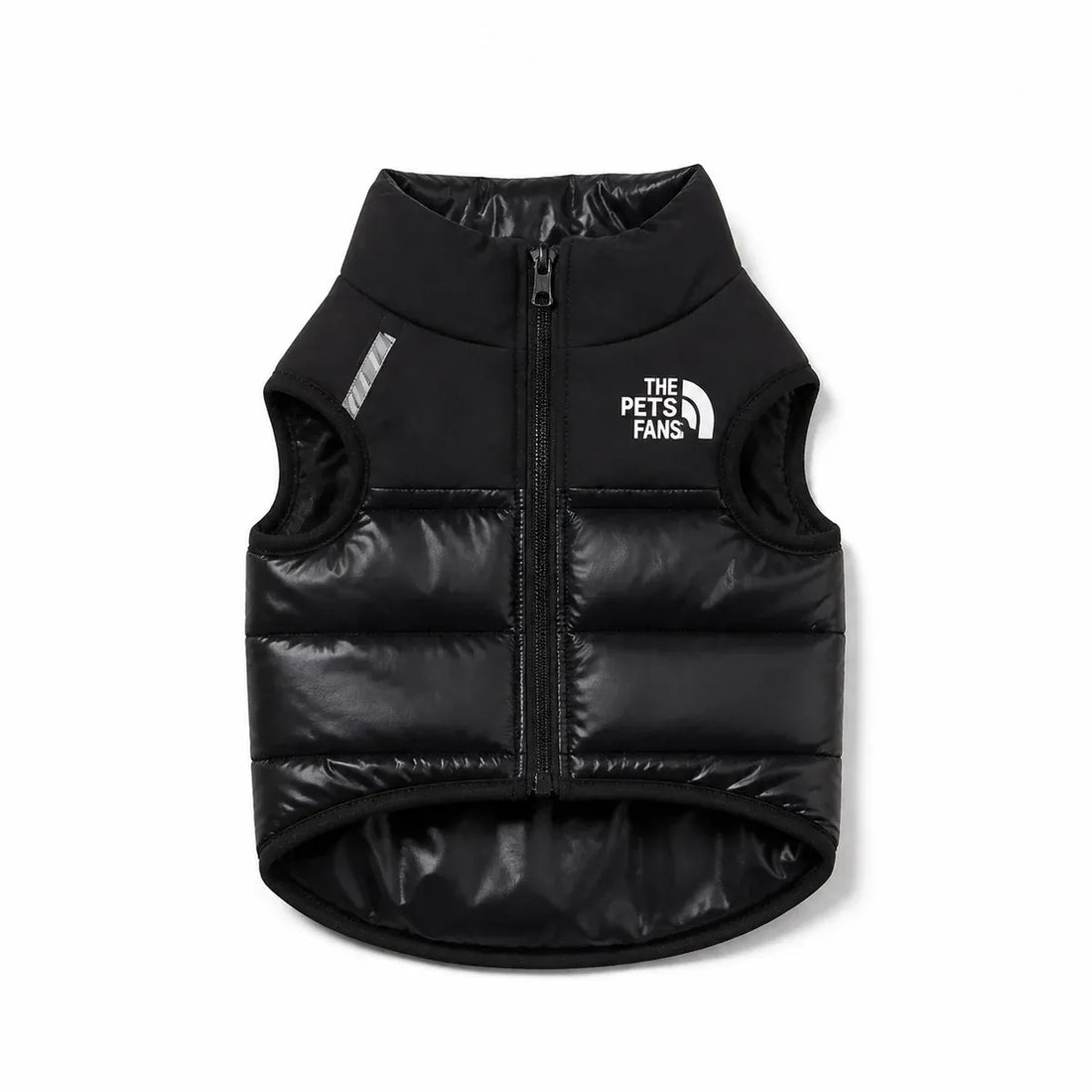 Black padded dog vest shown alone on a white background