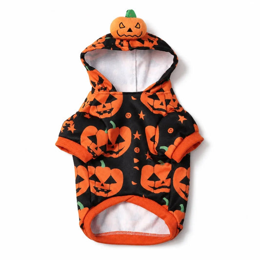 Black pumpkin print dog hoodie with orange trim on white