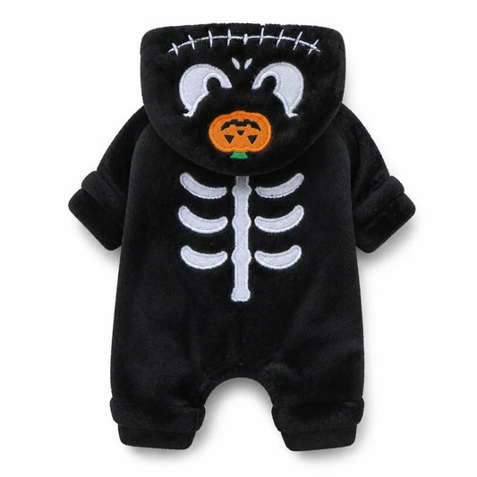 Black pumpkin skeleton dog costume shown alone on white