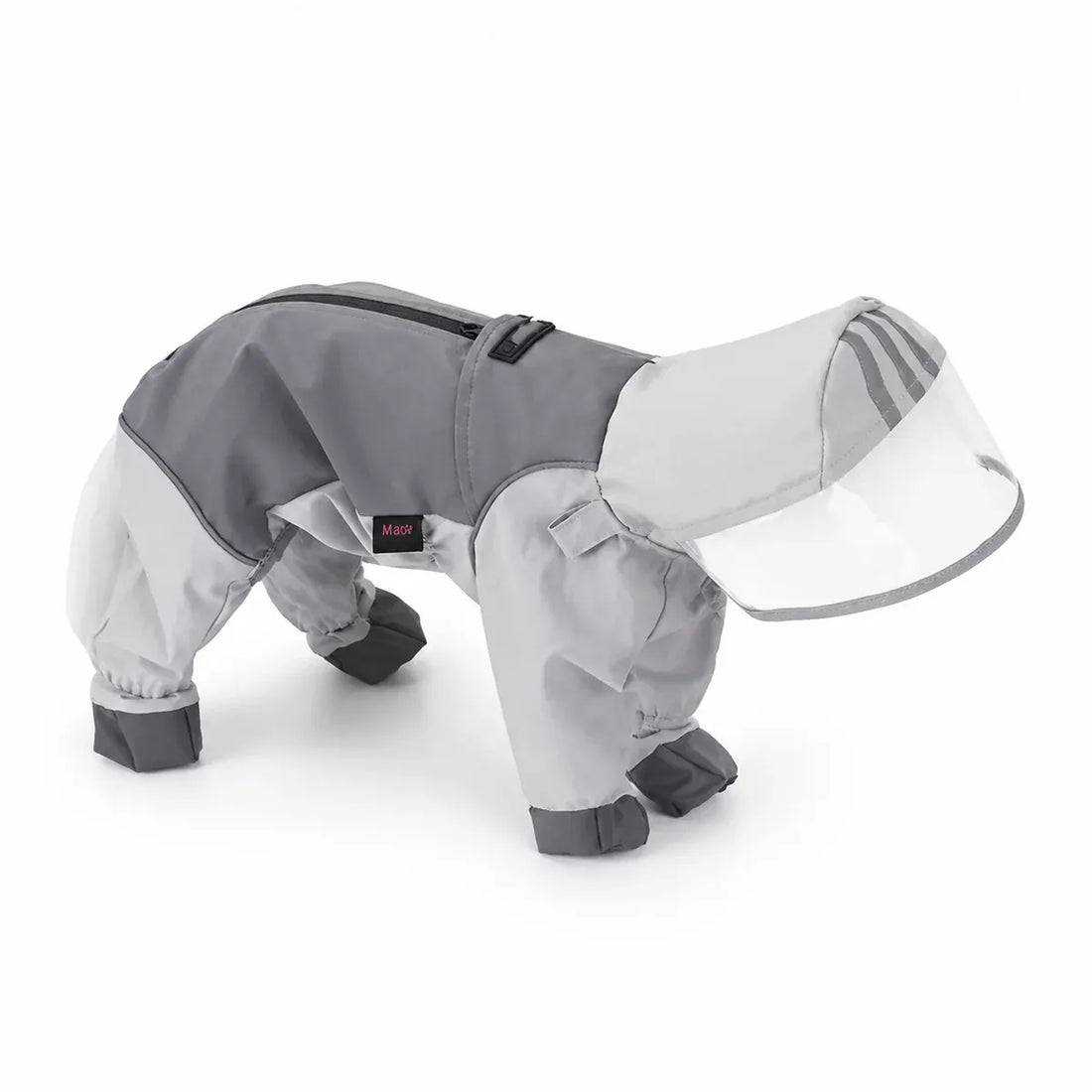Gray reflective full-coverage dog raincoat shown alone on a white background