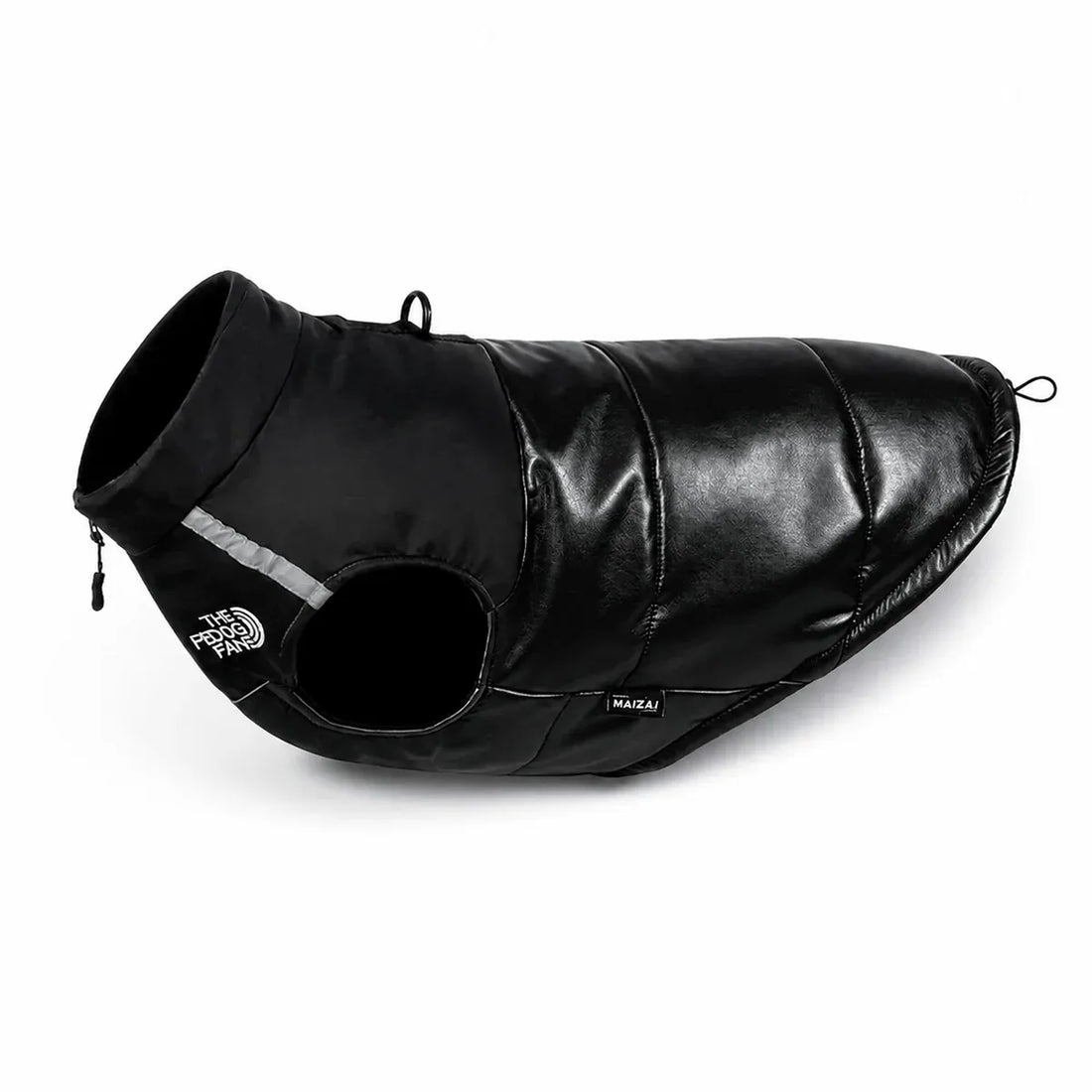Black warm dog vest shown alone on a white background