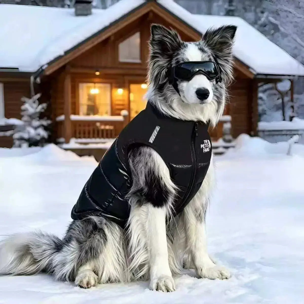 Dog in a black insulated vest in the snow for the WarmPawelle Warm collection.