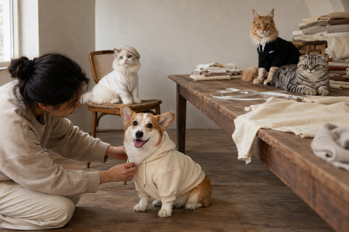 Pet owner adjusting a dog jacket in a small petwear studio