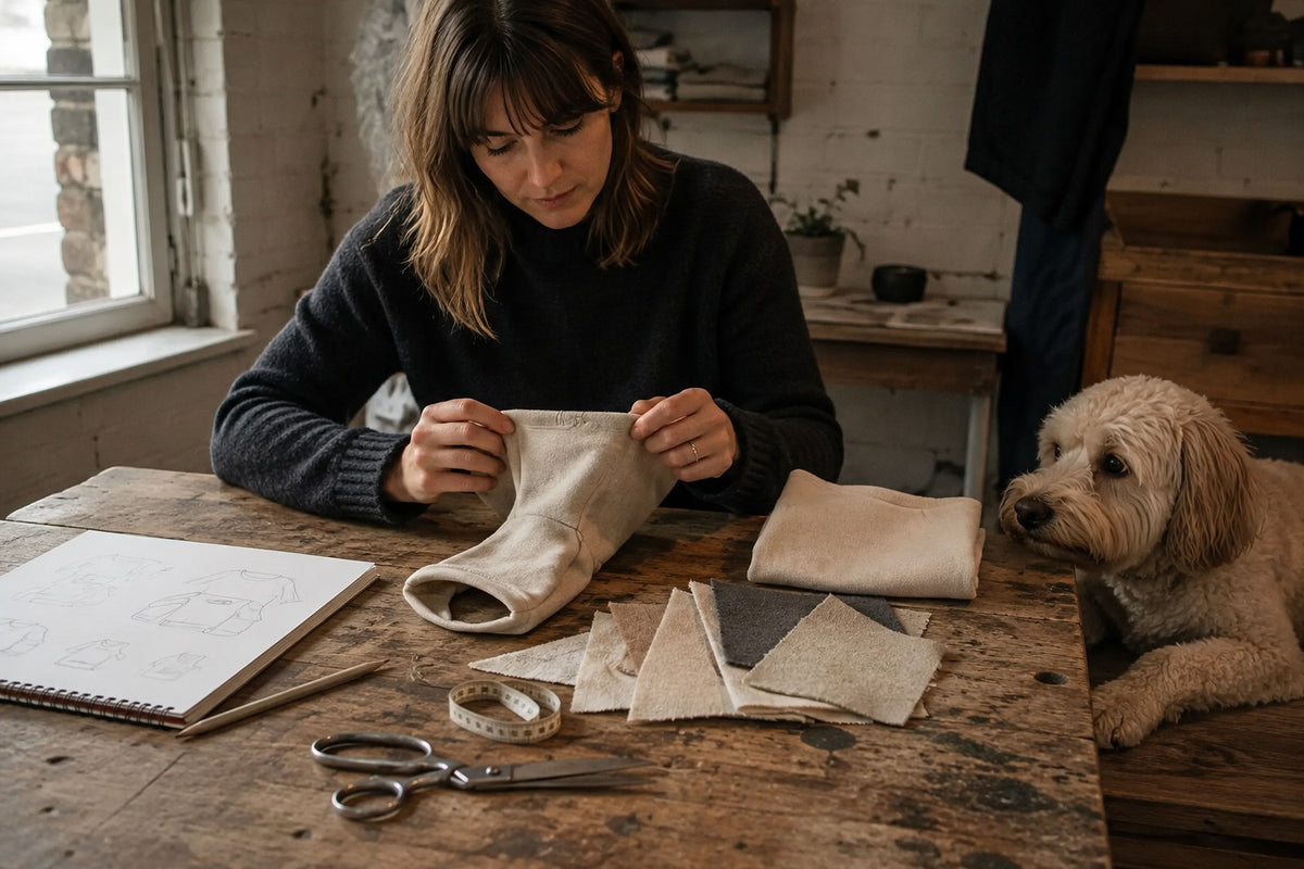 Petwear designer reviewing a dog clothing prototype with fabric samples