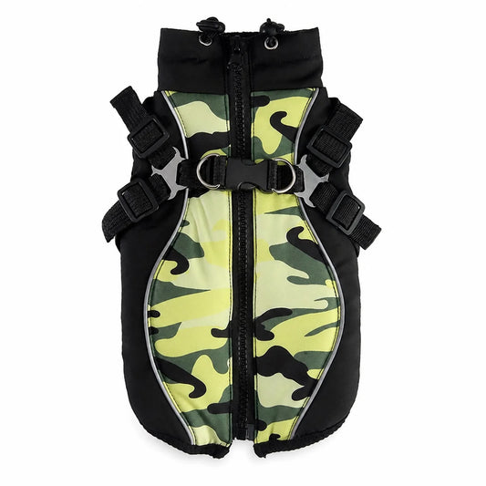 Green camouflage dog harness vest on a white background