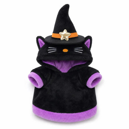 Black plush witch cat hooded dog costume with purple trim, upright witch hat, and gold star shown on white background