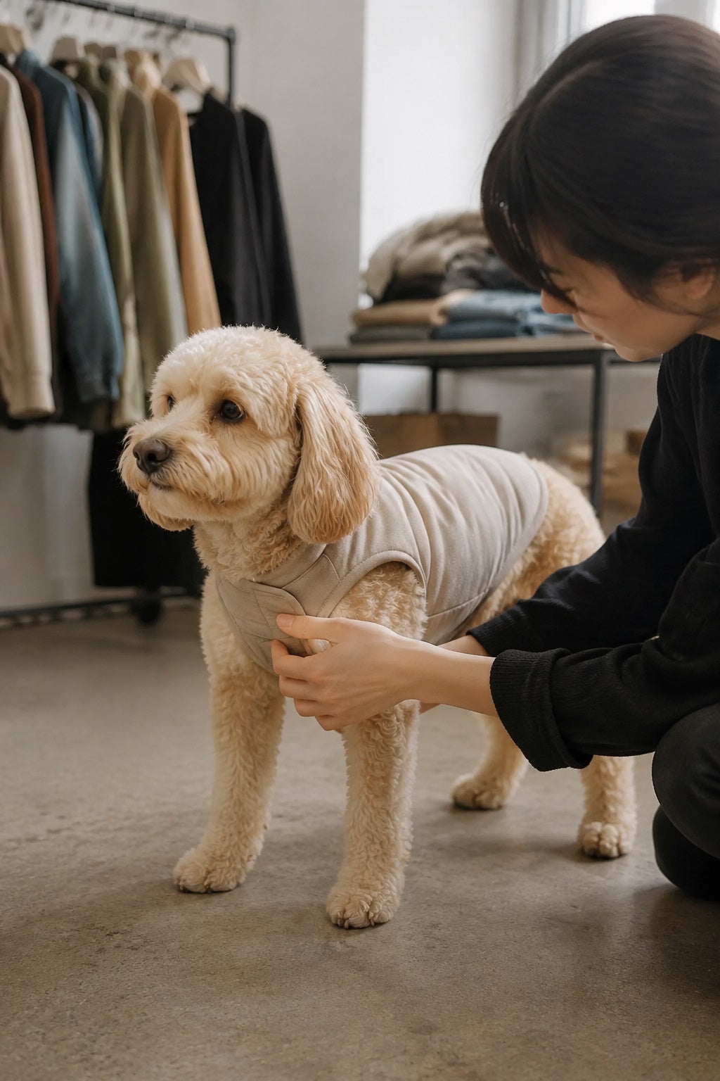 Person checking the fit of a dog jacket in a small studio