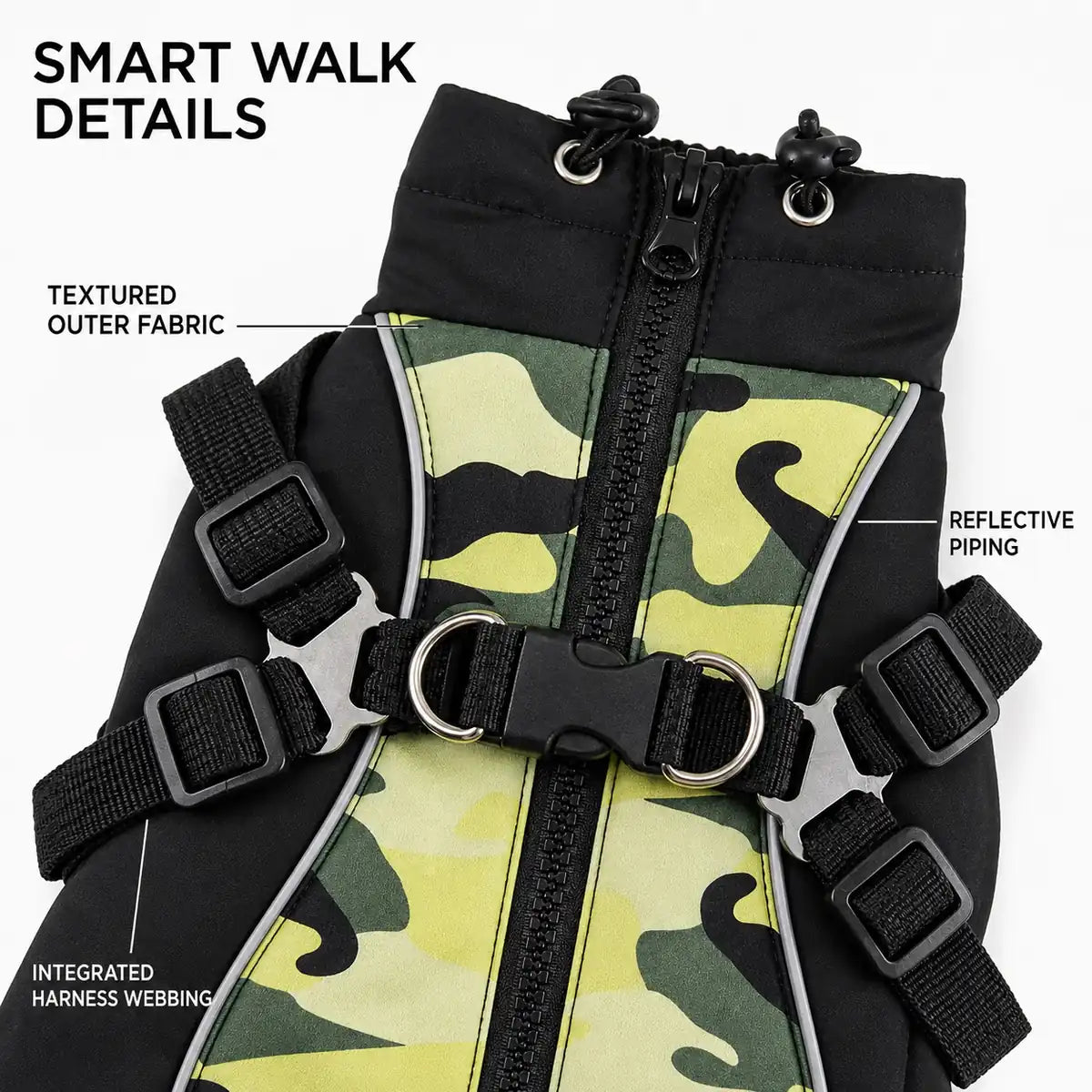 Close detail of the green camouflage dog harness vest showing webbing, zipper and reflective piping