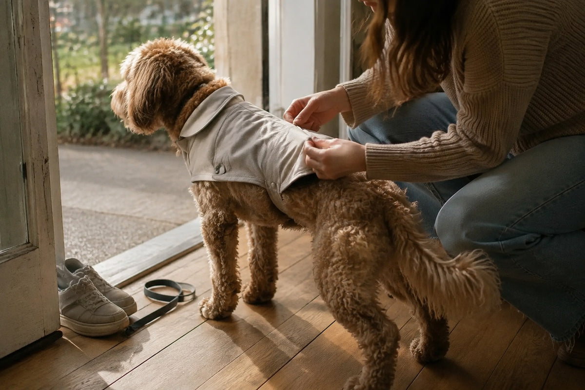 Pet owner adjusting a dog's jacket before a walk