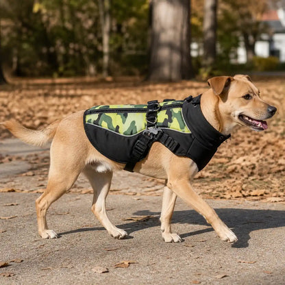 Dog wearing the green camouflage harness vest during a neighborhood walk