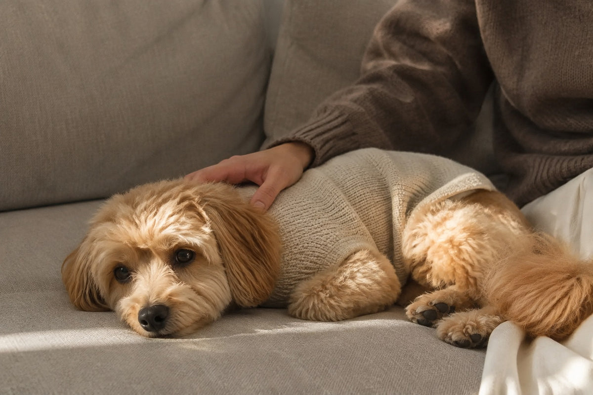 Dog relaxing in a soft pet sweater at home