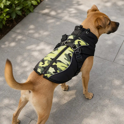 Dog wearing the green camouflage harness vest with visible webbing, buckle and D-rings