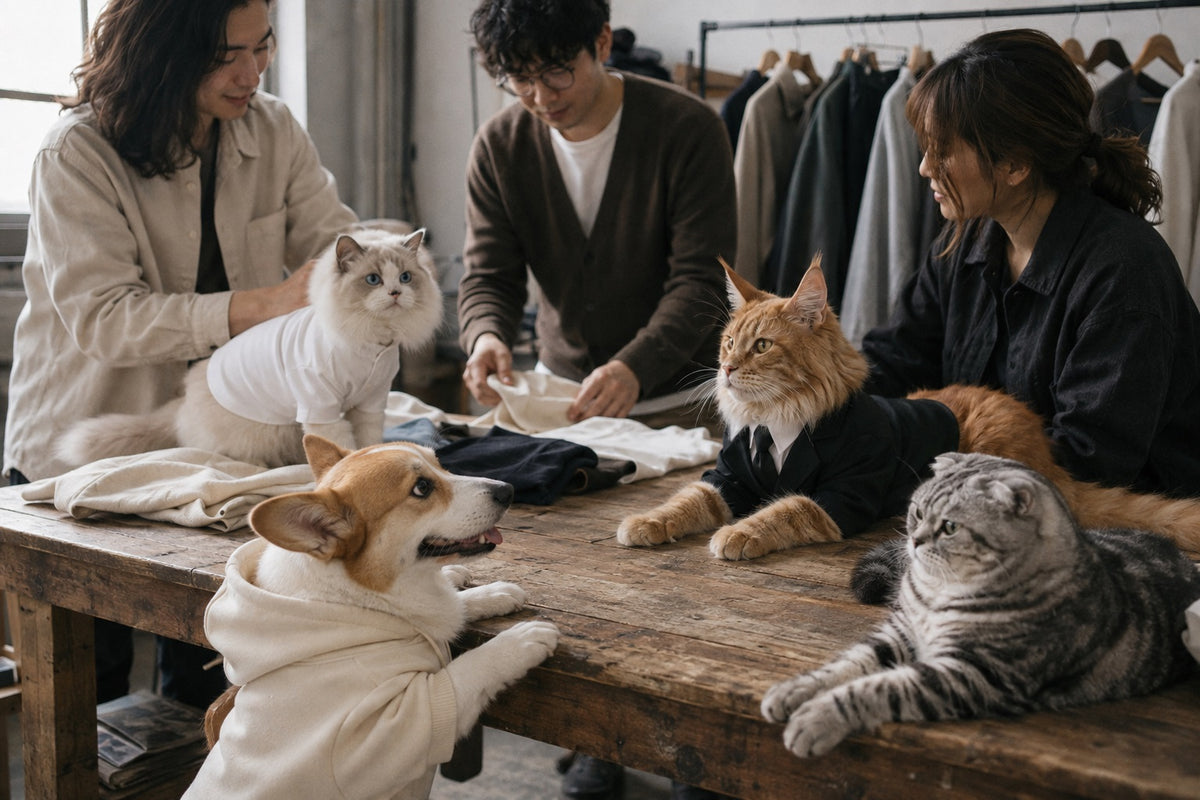 Small petwear studio team reviewing clothing samples with a dog nearby