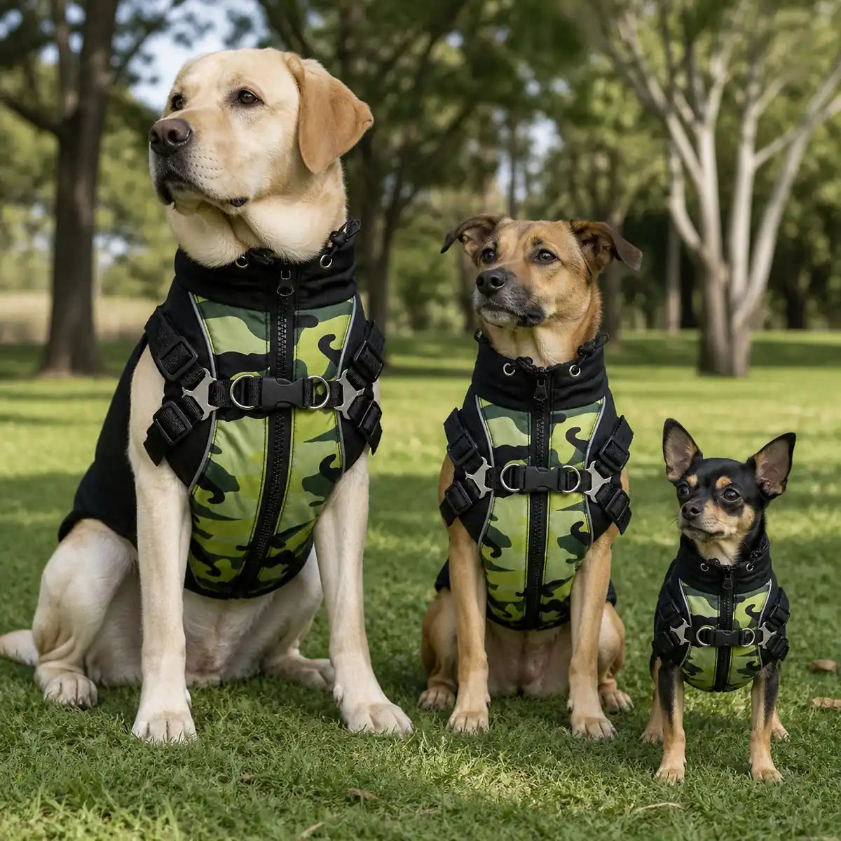 Three dogs wearing the green camouflage harness vest in different sizes