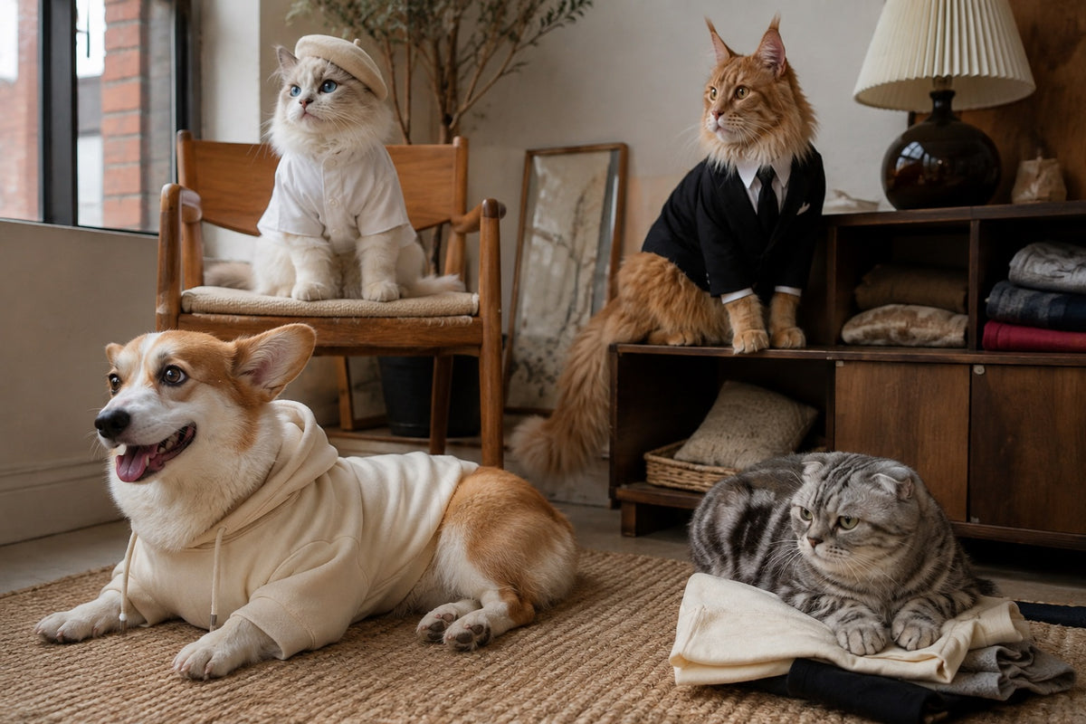 Dog and cat relaxing together in a home with petwear nearby