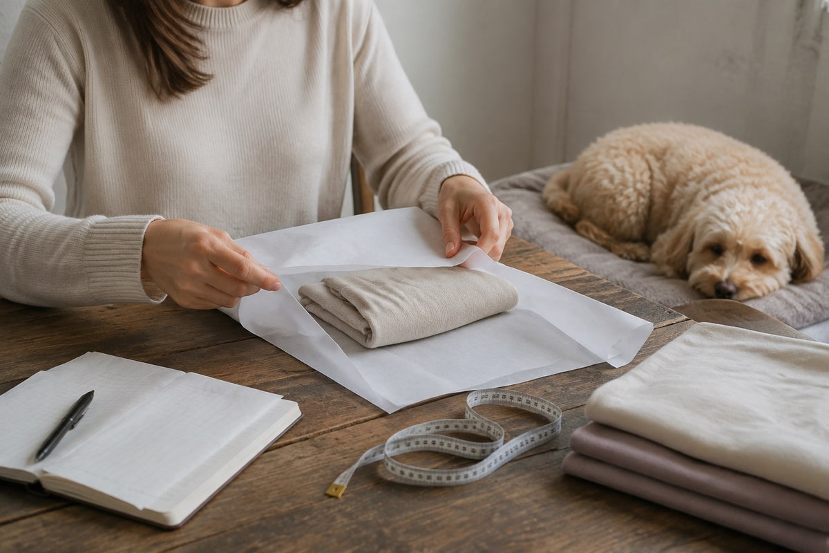 Small business owner preparing a petwear order in a studio