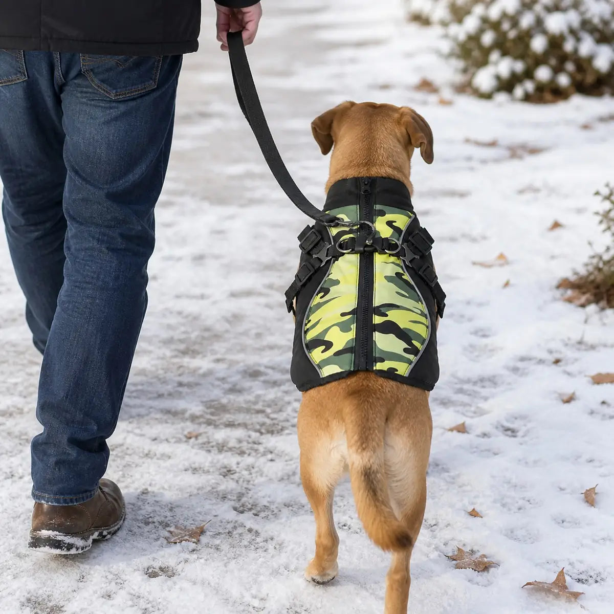 Dog wearing the green camouflage harness vest on a snowy walk