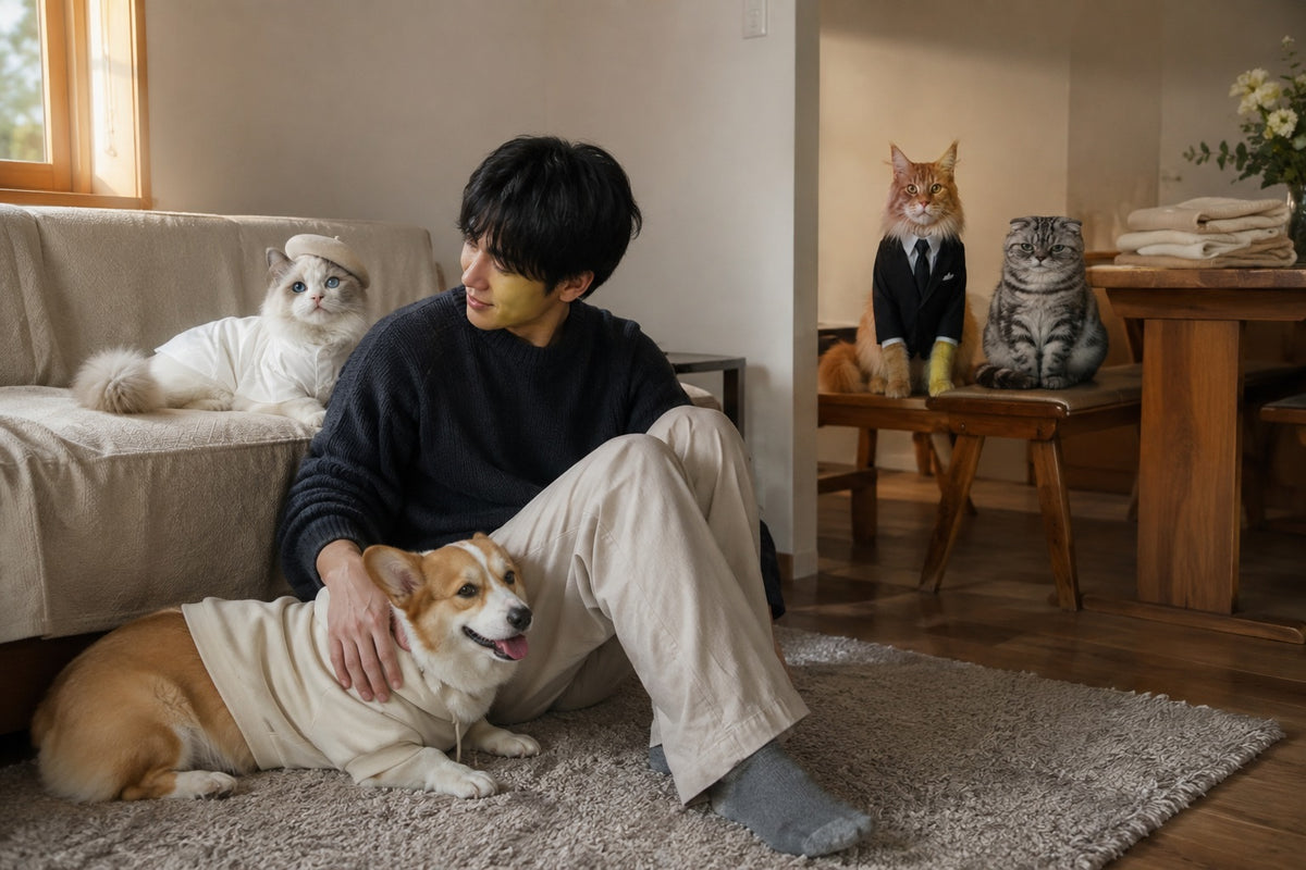 Dog resting beside its owner at home after an everyday walk