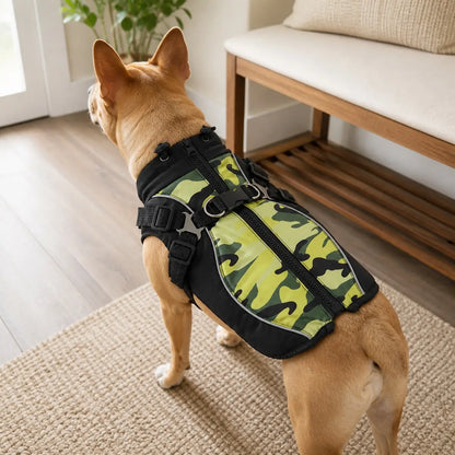Dog wearing the green camouflage harness vest indoors
