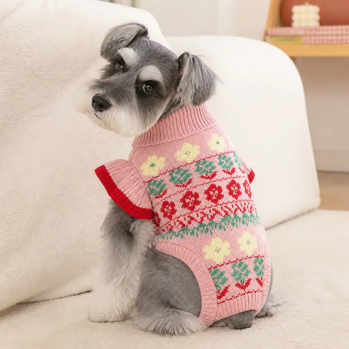Pink Floral Ruffle Dog Sweater worn by a dog during an everyday outing, view 2