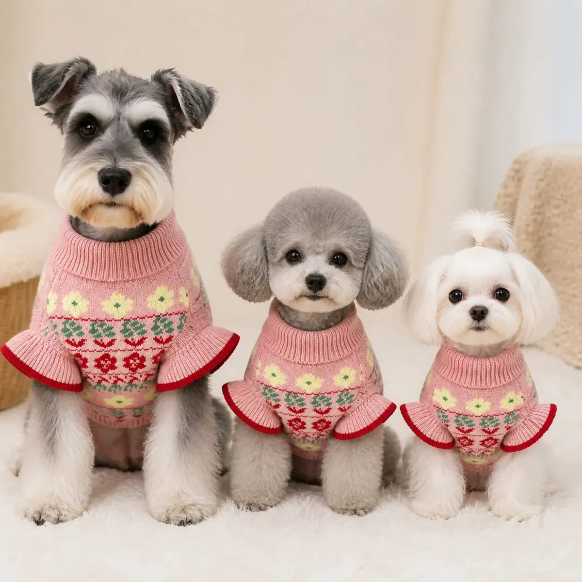 Pink Floral Ruffle Dog Sweater worn by a dog during an everyday outing, view 3